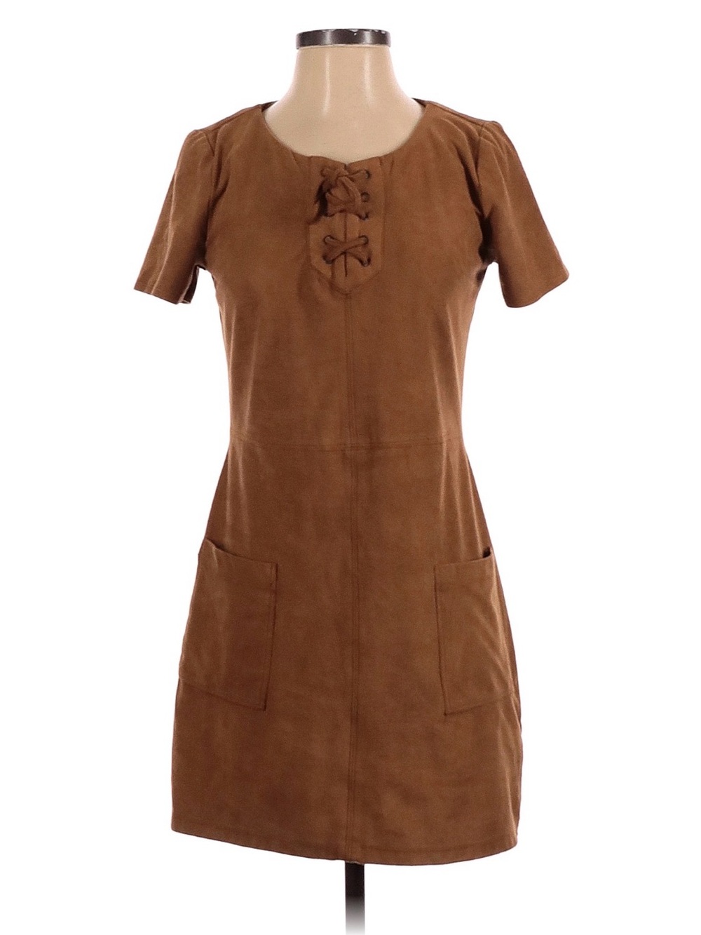 Suede-Look Lace-Up Pocket Mini Dress in Brown